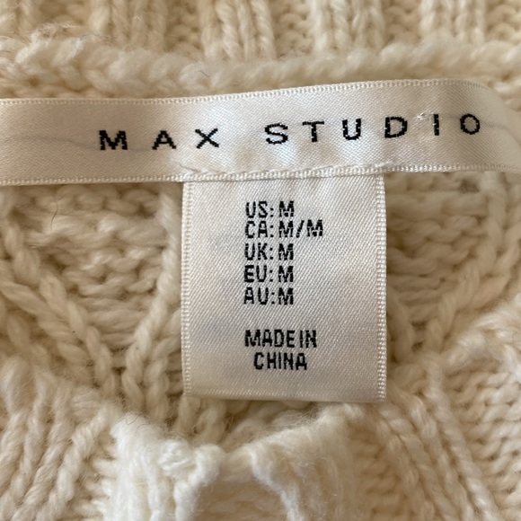 Max Studio Wool Blend Cableknit Sweater Bell Sleeves Ribbons Boho Gray White - Picture 6 of 9